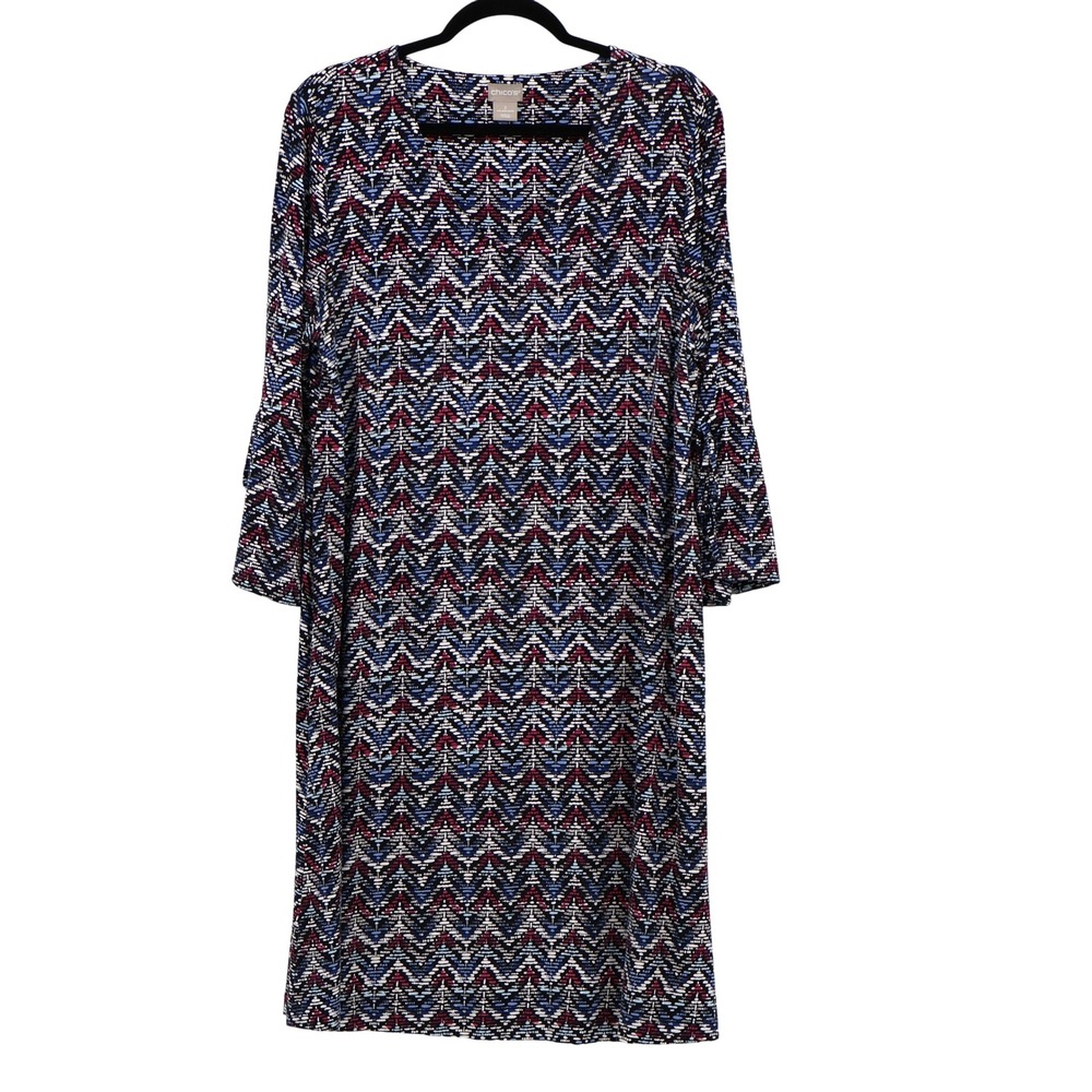 Chico's Geometric‎ Shift Dress Womens 14 Bell Sleeves Career Office Wear Casual